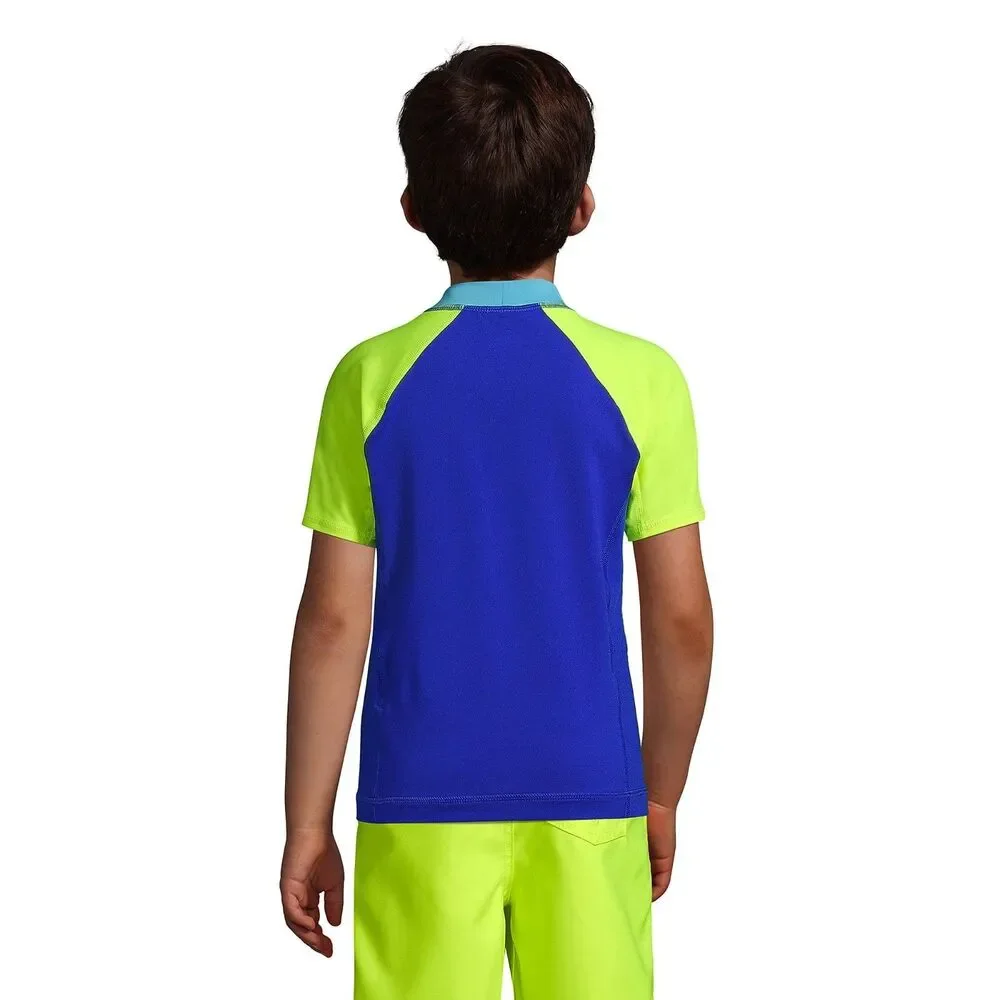 Lands End Boys XL Husky Rash Guard Blue Green Colorblock Crewneck UPF 50 Stretch